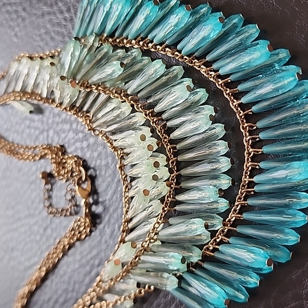 Gold-Toned Aqua Gradient Fringe Necklace - Blue/Green - Picture 2 of 10